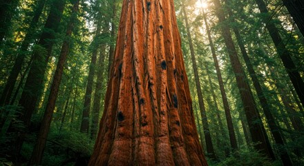 Giant redwood tree rising majestically in a dense forest with sunlit canopy creates a sense of awe