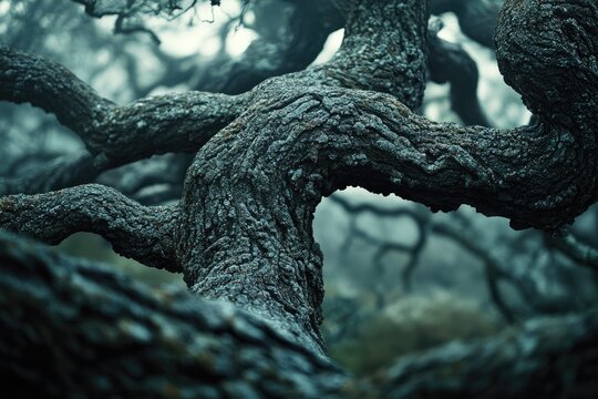 Intricate, gnarled tree branches covered in textured bark, twisting through a mysterious, atmospheric forest bathed in cool, misty light.