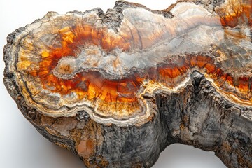 Obraz premium Magnificent close-up of petrified wood showcasing stunning orange, grey, and brown mineral patterns. A beautiful example of ancient fossilized timber with intricate natural textures.