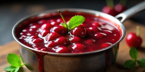 Sweet Cherry Sauce Reduction Close up of a stainless steel saucepan on a stovetop, containing a rich, glossy, vibrant red cherry sauce that is gently simmering. A few fresh cherries and a sprig of