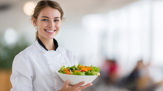 Smiling female chef holding a bowl of fresh mixed salad in a bright modern kitchen or restaurant setting - Powered by Adobe