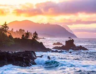 Coastal scene bathed in soft light. The ocean crashes against rugged, dark rocks. Mountains are silhouetted against a colorful sunset