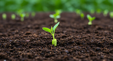Close-up of a tiny green seedling emerging from rich brown soil, representing new growth and the start of life in nature's cycle