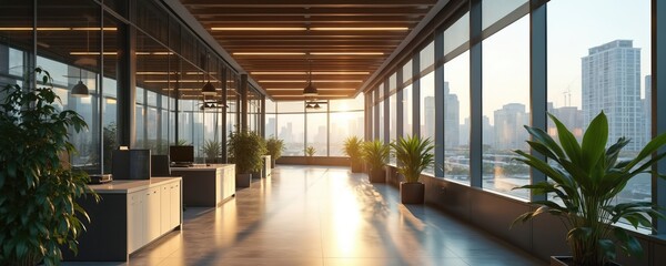 Modern office space features automated lighting adjusting to occupancy levels. Sunlight streams through large windows illuminating workspaces, plants. Design promotes energy efficiency, comfortable