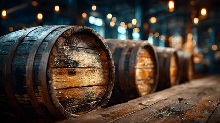 Atmospheric shot inside a distillery, focusing on a row of aging wooden whiskey barrels, with warm light highlighting their rustic texture.