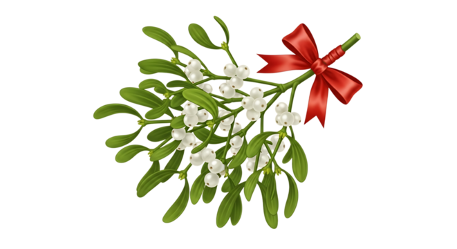 A sprig of mistletoe with white berries and a red ribbon bow isolated on transparent background