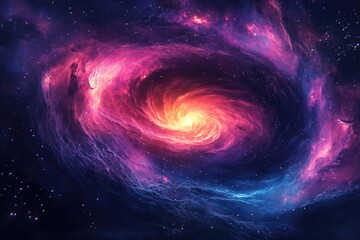 Obraz premium A stunning cosmic spiral galaxy, bursting with vibrant pink, purple, and orange nebulae, illuminating the dark expanse of space with countless stars.