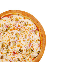 Tasty pizza with cheese and toppings ready for sharing at a gathering