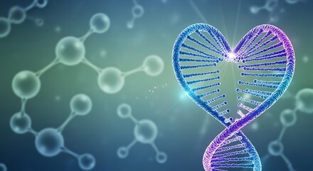 Heart shaped dna helix with molecular structures in the background symbolizing life and science