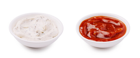 Two bowls of dipping sauces, one creamy and one tangy at a snack time