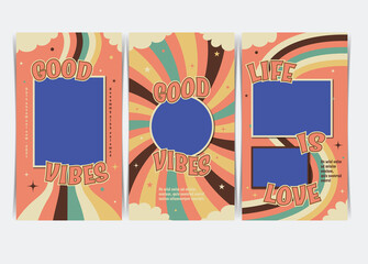Retro Good Vibes Social Media Templates. Vector Illustration