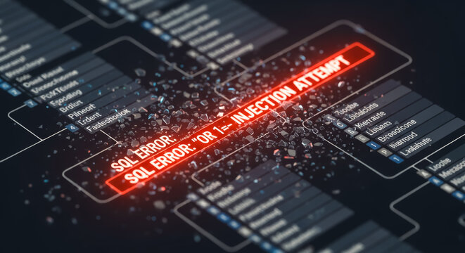 Cybersecurity alert: A red warning message, SQL ERROR OR 1-- INJECTION ATTEMPT, glows against a backdrop of a database schema, symbolizing the urgent issue of data breach.