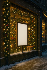 Cozy winter evening with festive lights and a blank sign outside a decorated shop