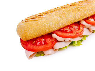 Fresh sandwich with turkey, lettuce, and tomato on a crusty roll