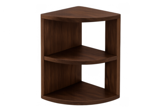 Wooden small corner shelf with three empty shelves, brown furniture for home decor, isolated on transparent background