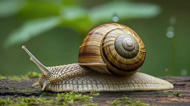 A stunning macro shot captures a garden snail moving with slow deliberation across a mossy surface. The intricate texture of its skin and the beautiful spiral pattern of its shell are in sharp focus a