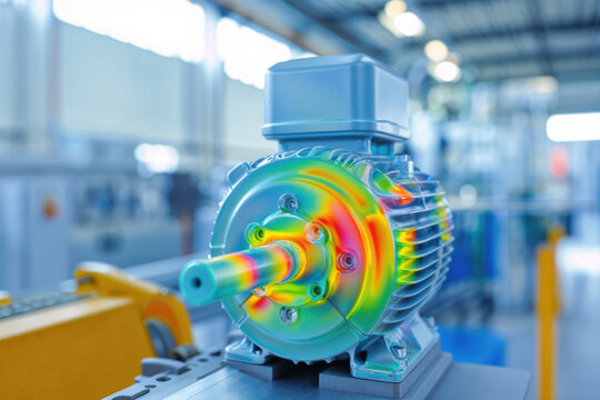 Thermal analysis of an industrial electric motor with a heat map simulation overlay.