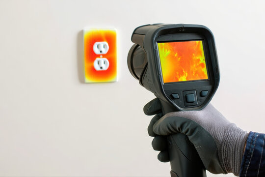 Technician uses thermal camera to detect heat from an electrical outlet.