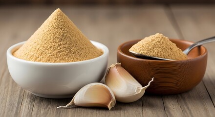 A close up shot of a pile of golden brown garlic powder in a white bowl and a wooden bowl with a spoon