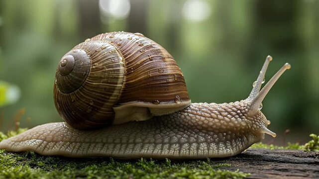 A stunning macro shot of a garden snail crawling slowly over a mossy log in a lush forest. Glistening water droplets from a recent rain cover its intricate shell and textured body. The shallow depth o