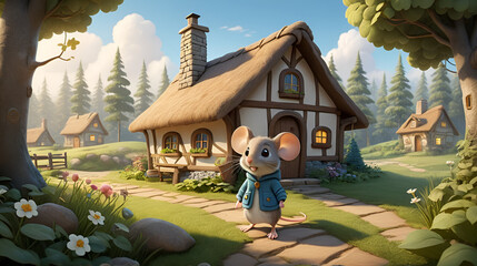 Cute cartoon mouse returning home to cozy cottage after day exploring forest