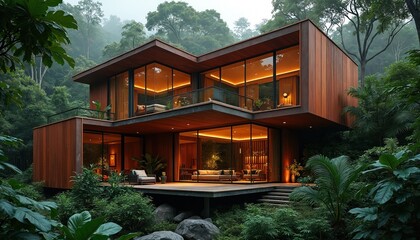 Modern house with wooden exterior and large glass windows in lush greenery forest. Luxurious villa has deck and stairs surrounded by trees and plants. Interior is cozy and illuminated with warm light.