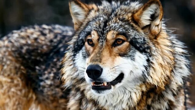 Close up wolf in natural outdoor setting with intense gaze and textured fur