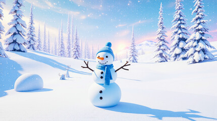 Obraz premium Joyful snowman standing in a snowy winter wonderland forest