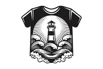 Black Tshirt features ocean waves and a lighthouse emitting light on a white background