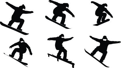 Six black silhouette snowboarders performing various tricks and jumps snowboarding