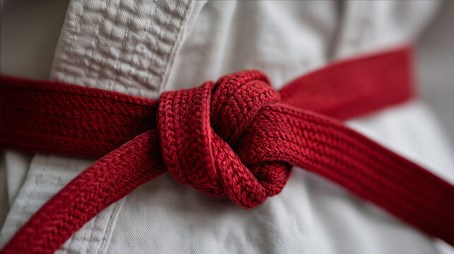Close-up of red karate belt tied in traditional knot on white martial arts uniform, symbol of discipline and progress