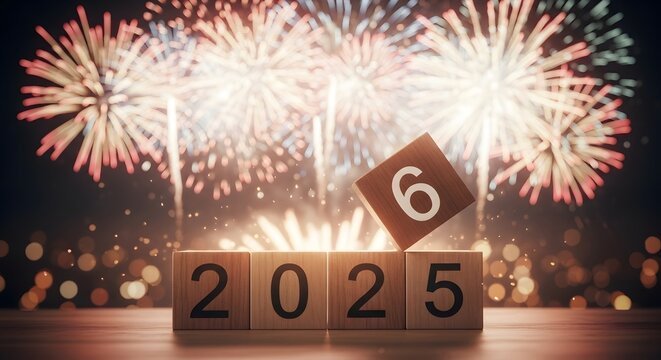 New year s eve celebration with wooden blocks displaying 2025 and a single number 6 cube against a backdrop of vibrant fireworks illuminating the night sky