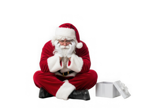 Santa claus sitting with a gift box isolated on transparent background - Powered by Adobe