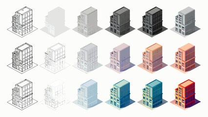 Urban architecture, the process of drawing from line drawings to complete drafts, hand-drawn vector illustrations