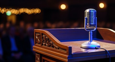 A classic retro microphone stands on a wooden lectern, prepared for a public speaking engagement or live performance with a blurred background