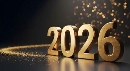 Golden 3d numbers of the year 2026 illuminated with sparkling bokeh lights and a golden trail