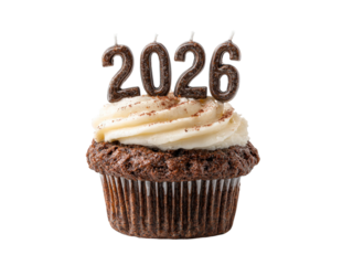 A cupcake with candles on top that say 2026
