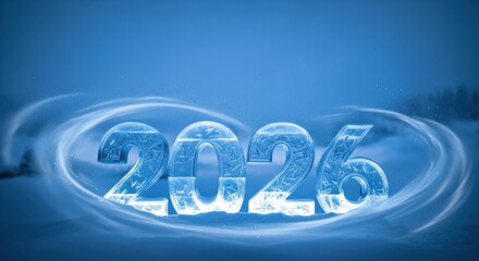 Icy, glowing 2026 numbers surrounded by a swirling snow vortex in a blue winter landscape