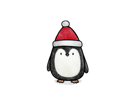 A penguin wearing a red hat and a red santa hat