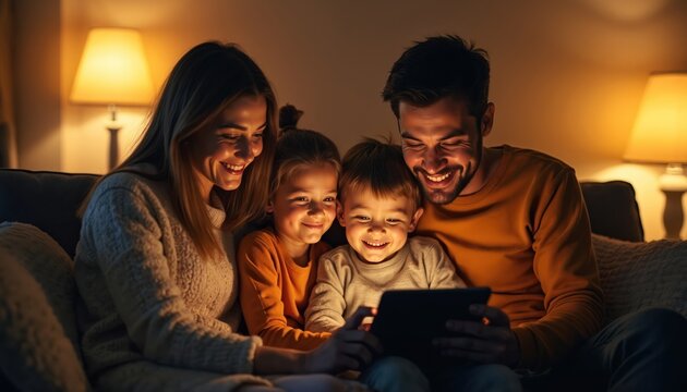 Family on sofa watches tablet together at night. Parents and two kids enjoy screen time indoors. Parents bond with children using modern tech.