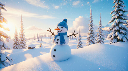 Obraz premium Joyful snowman standing in a sunlit winter forest