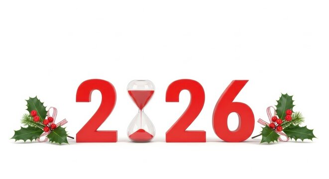 New Year 2026 title with red numbers, an hourglass, and traditional Christmas holly - Powered by Adobe