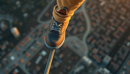 Close-up of a tightrope walker's foot on a thin wire, high above ground,  altitude,  suspense