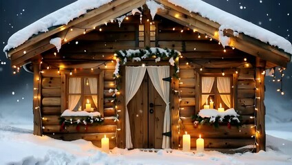 Cozy snow covered log cabin exterior glowing with warm candle light and lantern at night - Powered by Adobe