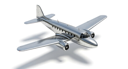 A shiny silver vintage airplane with two engines on a white background casting a soft shadow