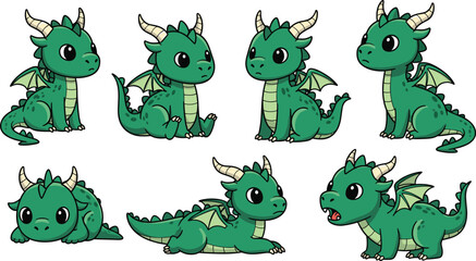 Collection of cute green cartoon dragons in various poses fantasy 1