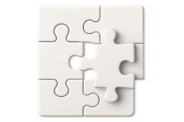 White jigsaw puzzle pieces forming an almost complete square configuration with one final piece detached, representing strategy and solution