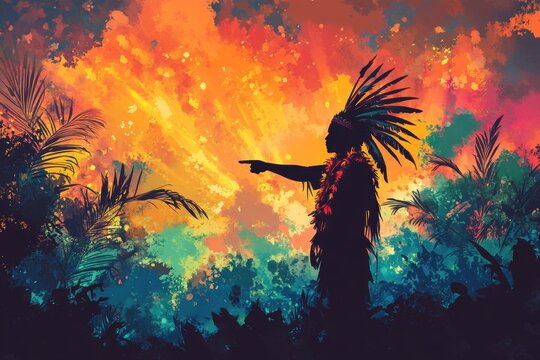 Silhouette of a tribal figure with a feather headdress pointing amidst a vibrant, abstract, tropical sunset. The dynamic colors evoke warmth and mystery.