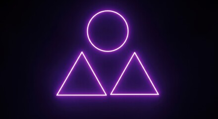 Neon purple glowing geometric shapes: a circle and two triangles in an abstract design against a dark backdrop.