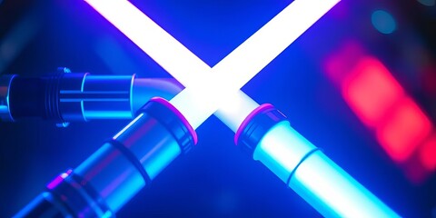 Close-up of crossed lightsabers, glowing intensely,  green,  technology